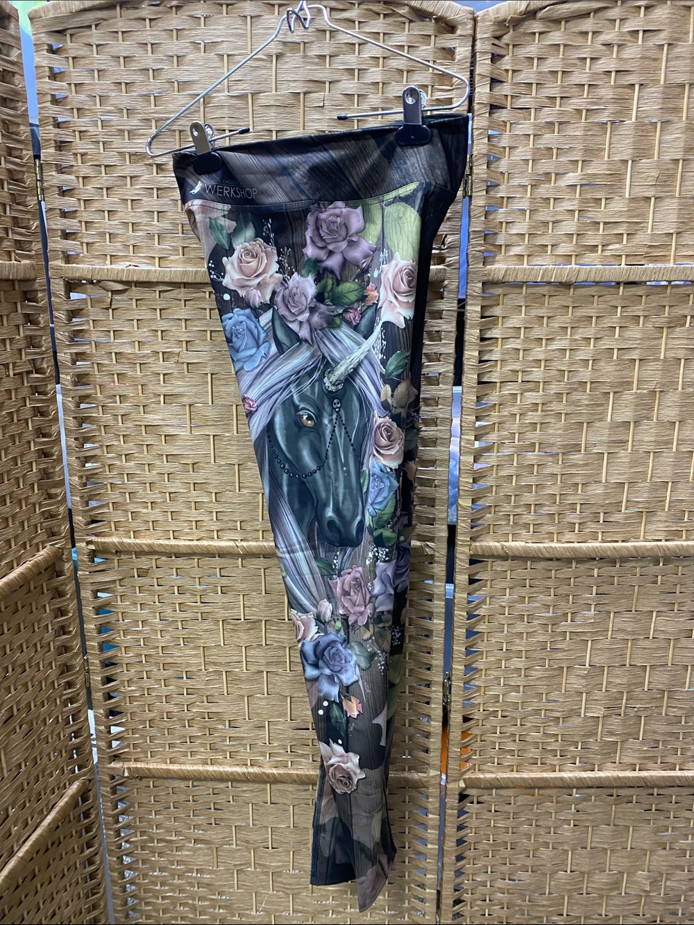 Eagle Rock Women's Black Floral Unicorn Print leggings.